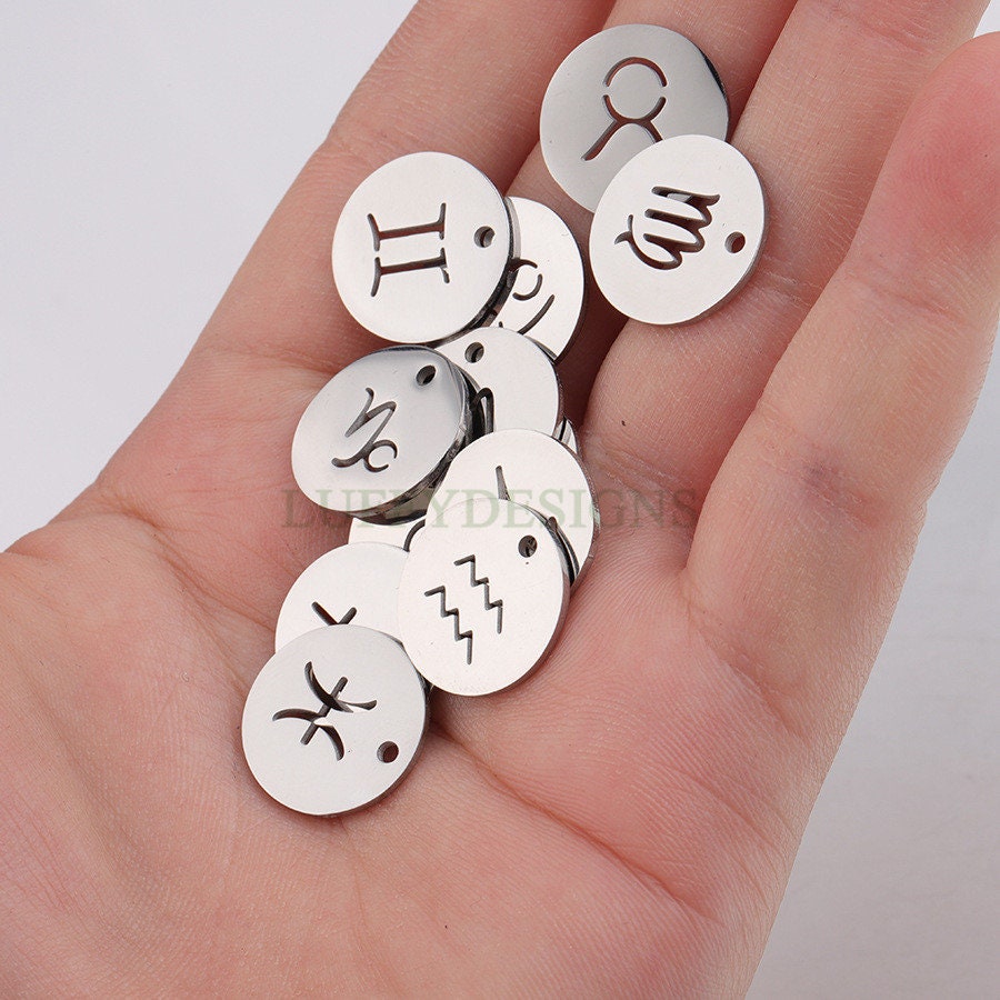 5pcs Round Zodiac Symbol Constellation Charm, Gold plated Stainless Steel, Gold Zodiac Pendant, Constellation Pendant, Mirror Polished,15mm