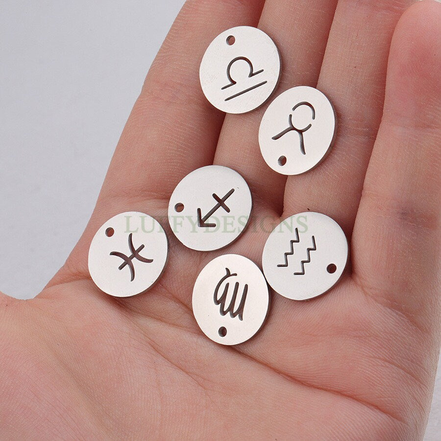 5pcs Round Zodiac Symbol Constellation Charm, Gold plated Stainless Steel, Gold Zodiac Pendant, Constellation Pendant, Mirror Polished,15mm