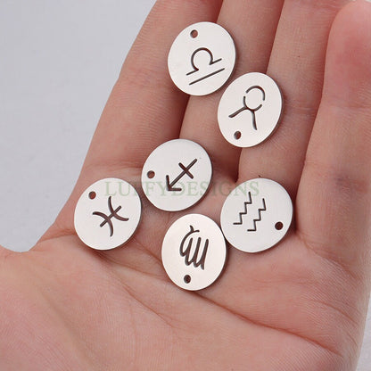 5pcs Round Zodiac Symbol Constellation Charm, Gold plated Stainless Steel, Gold Zodiac Pendant, Constellation Pendant, Mirror Polished,15mm