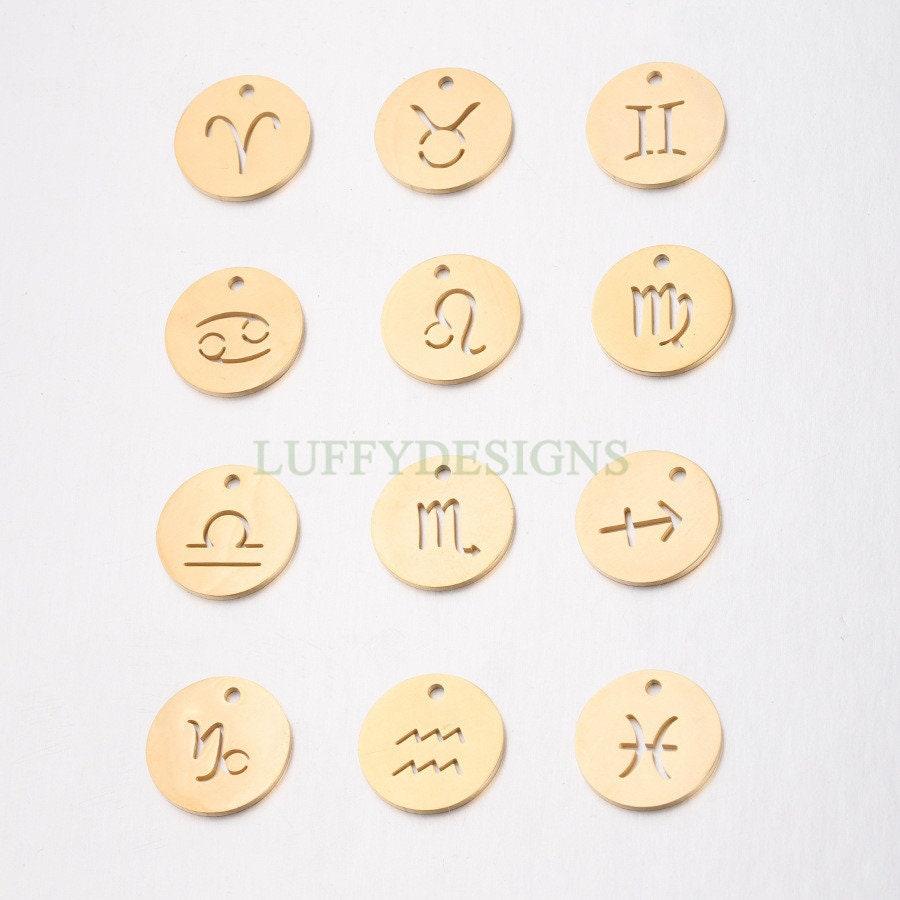 5pcs Round Zodiac Symbol Constellation Charm, Gold plated Stainless Steel, Gold Zodiac Pendant, Constellation Pendant, Mirror Polished,15mm