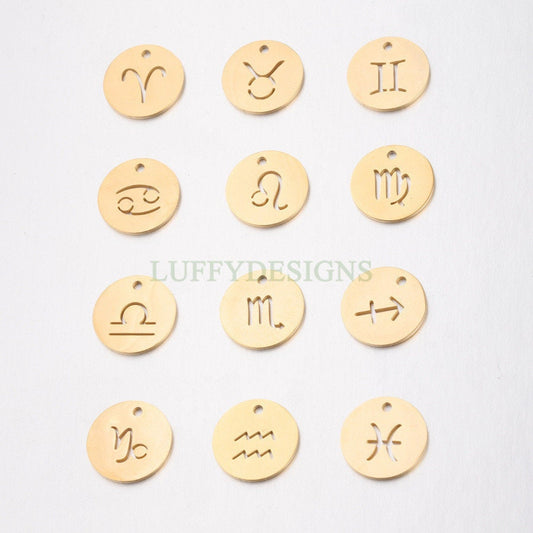 5pcs Round Zodiac Symbol Constellation Charm, Gold plated Stainless Steel, Gold Zodiac Pendant, Constellation Pendant, Mirror Polished,15mm