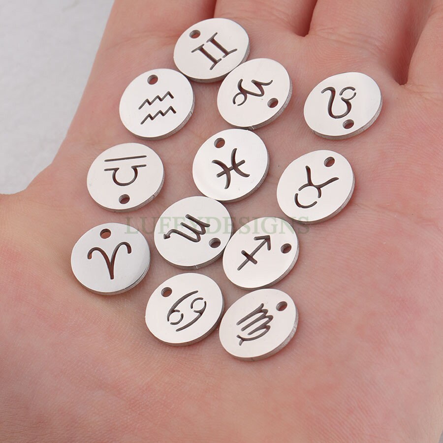 5pcs Round Zodiac Symbol Constellation Charm, Gold plated Stainless Steel, Gold Zodiac Pendant, Constellation Pendant, Mirror Polished, 12mm