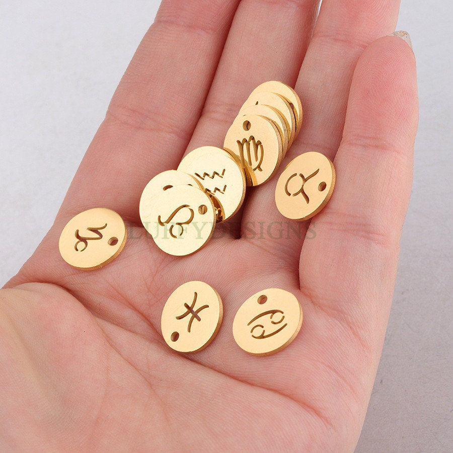 5pcs Round Zodiac Symbol Constellation Charm, Gold plated Stainless Steel, Gold Zodiac Pendant, Constellation Pendant, Mirror Polished, 12mm