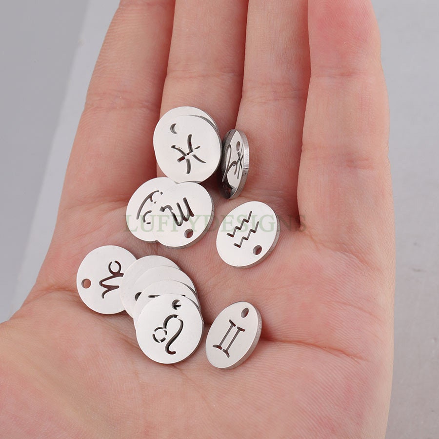 5pcs Round Zodiac Symbol Constellation Charm, Gold plated Stainless Steel, Gold Zodiac Pendant, Constellation Pendant, Mirror Polished, 12mm