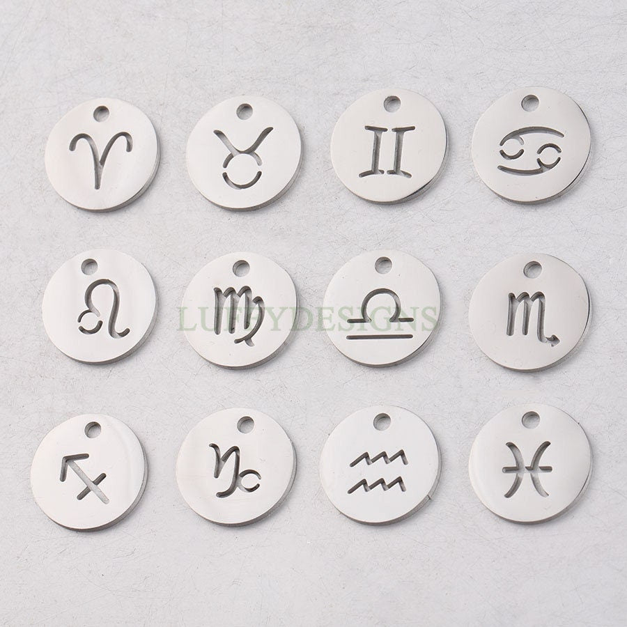 5pcs Round Zodiac Symbol Constellation Charm, Gold plated Stainless Steel, Gold Zodiac Pendant, Constellation Pendant, Mirror Polished, 12mm
