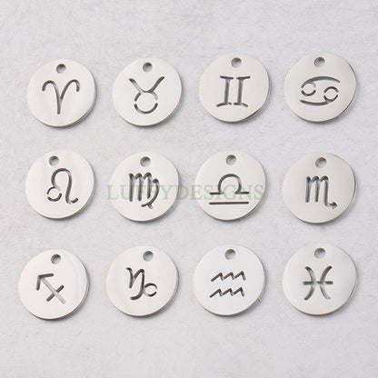 5pcs Round Zodiac Symbol Constellation Charm, Gold plated Stainless Steel, Gold Zodiac Pendant, Constellation Pendant, Mirror Polished, 12mm
