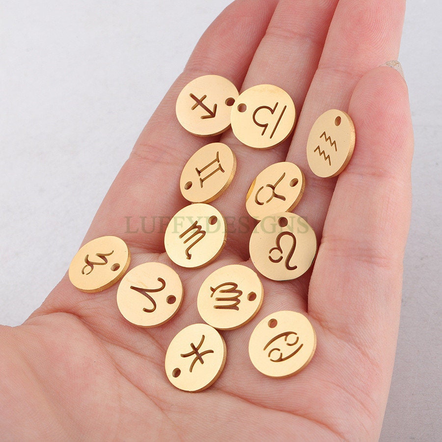 5pcs Round Zodiac Symbol Constellation Charm, Gold plated Stainless Steel, Gold Zodiac Pendant, Constellation Pendant, Mirror Polished, 12mm