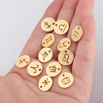 5pcs Round Zodiac Symbol Constellation Charm, Gold plated Stainless Steel, Gold Zodiac Pendant, Constellation Pendant, Mirror Polished, 12mm