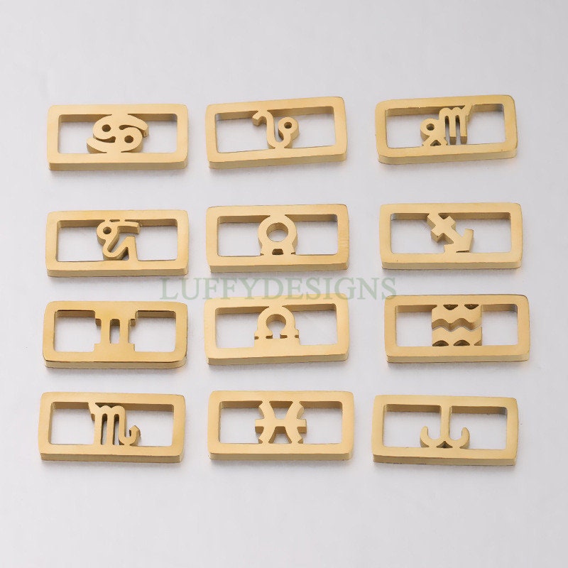 5pcs Rectangle Zodiac Symbol Constellation Charm, Gold Zodiac Connector, Gold plated 304 Stainless Steel, Mirror Polished Bracelet Findings