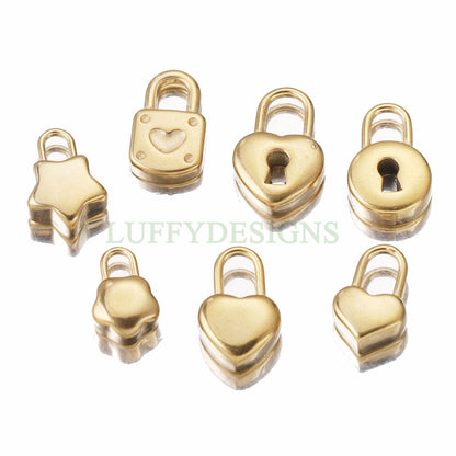 5pcs 3D Key and Lock Charms, Gold plated Stainless Steel, Gold Key and Lock Pendant, Tiny Key and Lock Charms, Jewelry Making Findings