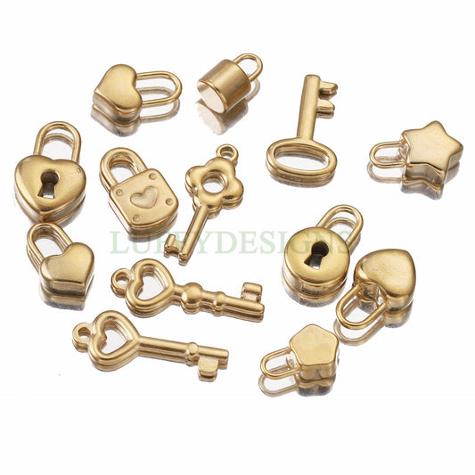 5pcs 3D Key and Lock Charms, Gold plated Stainless Steel, Gold Key and Lock Pendant, Tiny Key and Lock Charms, Jewelry Making Findings