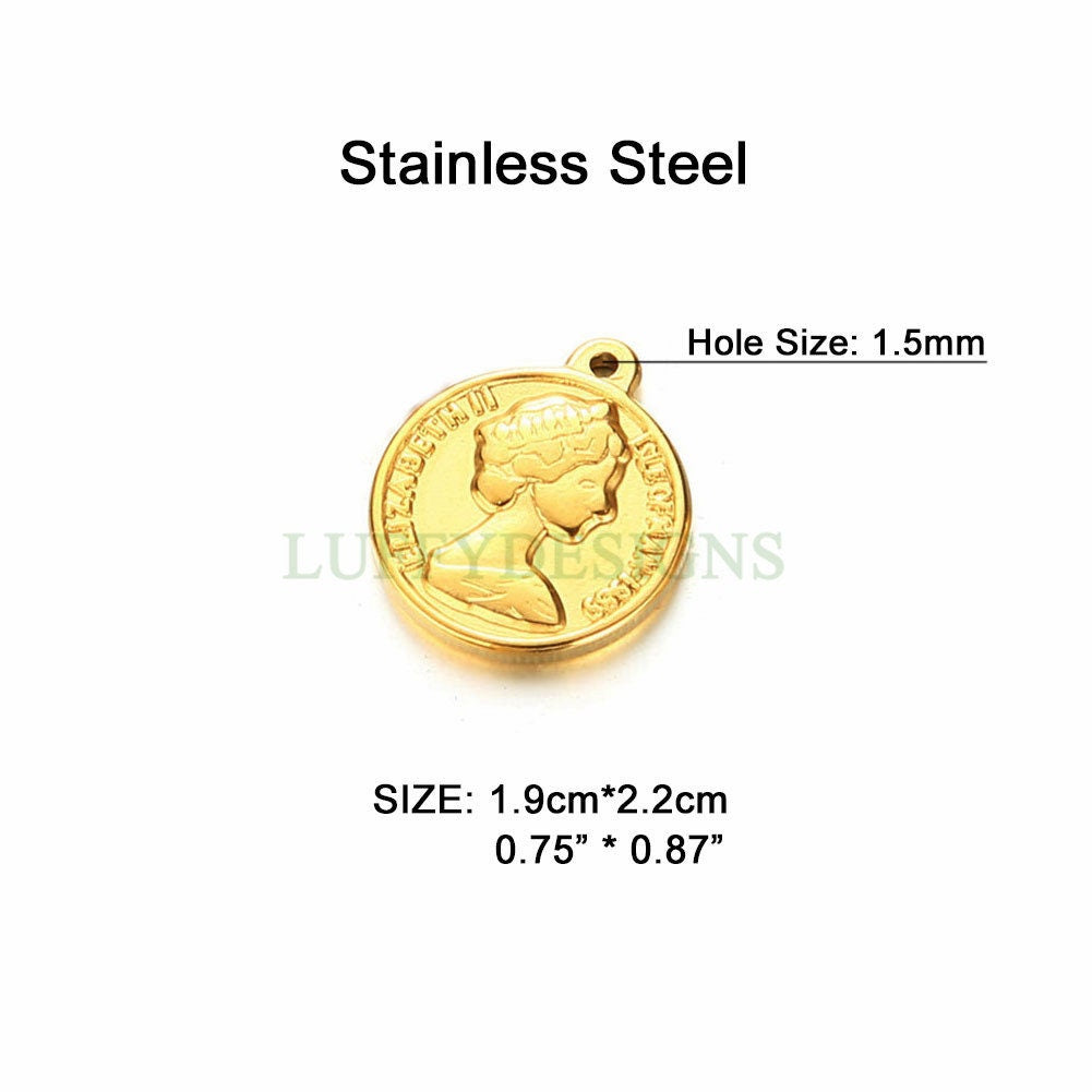 5pcs Queen Elizabeth II Charms, Gold Coin Pendant, Dainty Elizabeth Medallion Charm Pendant, Gold plated Stainless Steel, Vintage Coin Charm