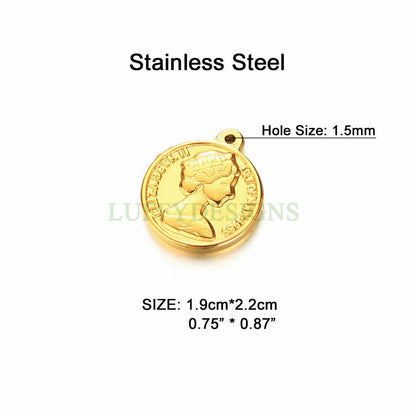 5pcs Queen Elizabeth II Charms, Gold Coin Pendant, Dainty Elizabeth Medallion Charm Pendant, Gold plated Stainless Steel, Vintage Coin Charm