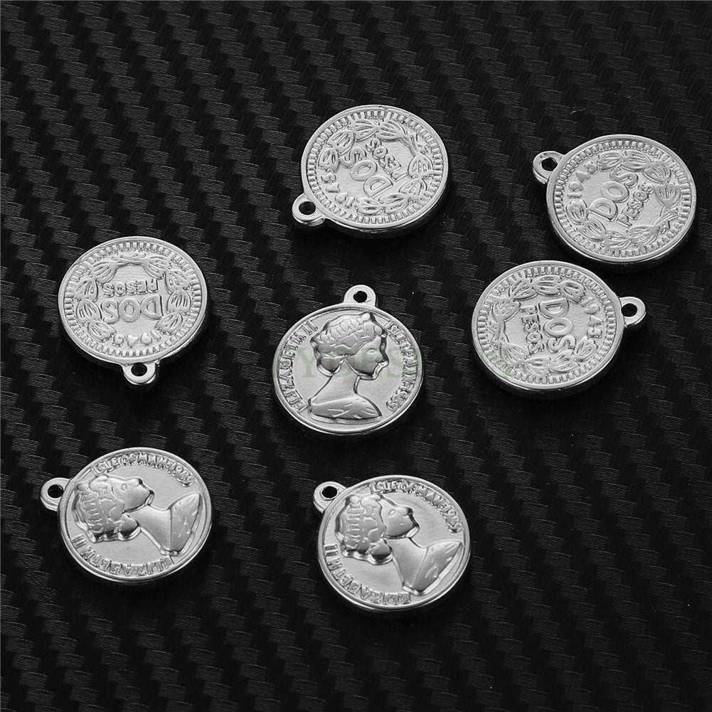 5pcs Queen Elizabeth II Charms, Gold Coin Pendant, Dainty Elizabeth Medallion Charm Pendant, Gold plated Stainless Steel, Vintage Coin Charm