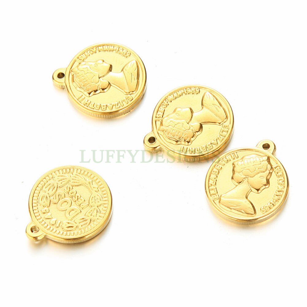5pcs Queen Elizabeth II Charms, Gold Coin Pendant, Dainty Elizabeth Medallion Charm Pendant, Gold plated Stainless Steel, Vintage Coin Charm