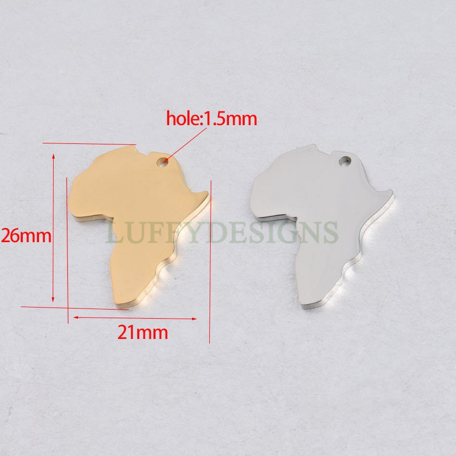 10pcs Africa Charm, Africa Map Pendant, Gold Africa Charm Pendant, Travel Jewelry, 18K Gold plated Stainless Steel, Gold Africa Pendant