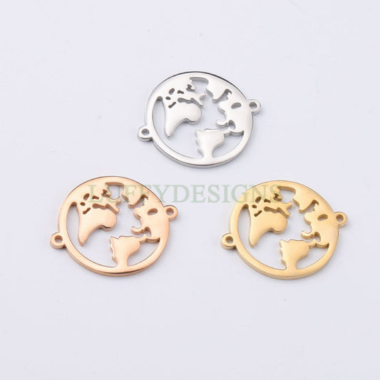 10pcs World Charm with Double Loops, World Map Pendant 27x22mm, Earth Charm, Globe Charm, Travel Jewelry, Stainless Steel World Map Charms