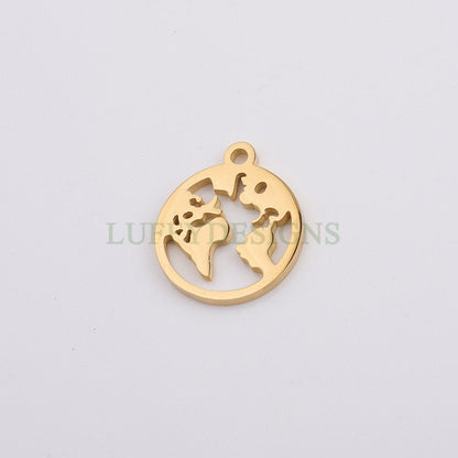 10pcs Round World Charm, World Map Pendant, Earth Charm, Globe Charm, Travel Jewelry, 18K Gold plated Stainless Steel, Gold World Map Charms