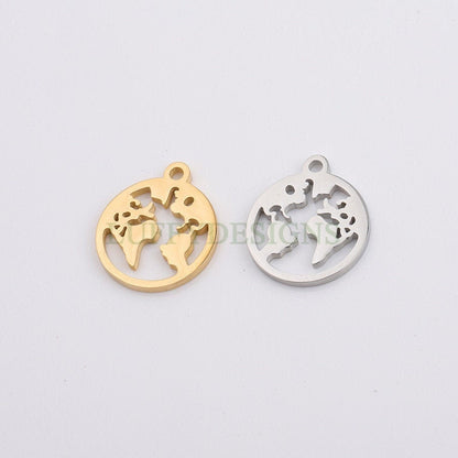 10pcs Round World Charm, World Map Pendant, Earth Charm, Globe Charm, Travel Jewelry, 18K Gold plated Stainless Steel, Gold World Map Charms