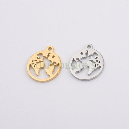 10pcs Round World Charm, World Map Pendant, Earth Charm, Globe Charm, Travel Jewelry, 18K Gold plated Stainless Steel, Gold World Map Charms