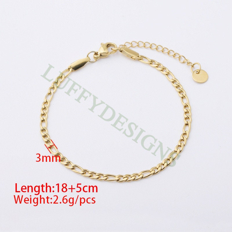 5pcs Finished Figaro Chain, 3:1 Chain Bracelet, 18k Gold plated 316L Stainless Steel, Womens Chain, Womens Bracelet, Hypoallergenic Chain