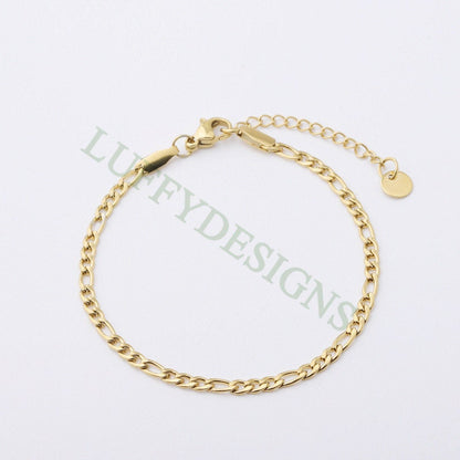 5pcs Finished Figaro Chain, 3:1 Chain Bracelet, 18k Gold plated 316L Stainless Steel, Womens Chain, Womens Bracelet, Hypoallergenic Chain