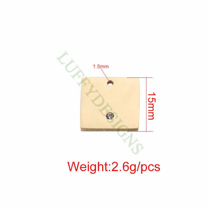 10pcs Round Disc/Square/Heart Tags with Crystal Zirion, CZ Stamping Blanks Charms, Engravable Blanks Pendant, Gold Plated Stainless Steel