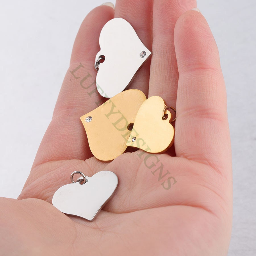 10pcs Round Disc/Square/Heart Tags with Crystal Zirion, CZ Stamping Blanks Charms, Engravable Blanks Pendant, Gold Plated Stainless Steel