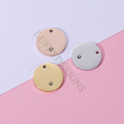 10pcs Round Disc/Square/Heart Tags with Crystal Zirion, CZ Stamping Blanks Charms, Engravable Blanks Pendant, Gold Plated Stainless Steel
