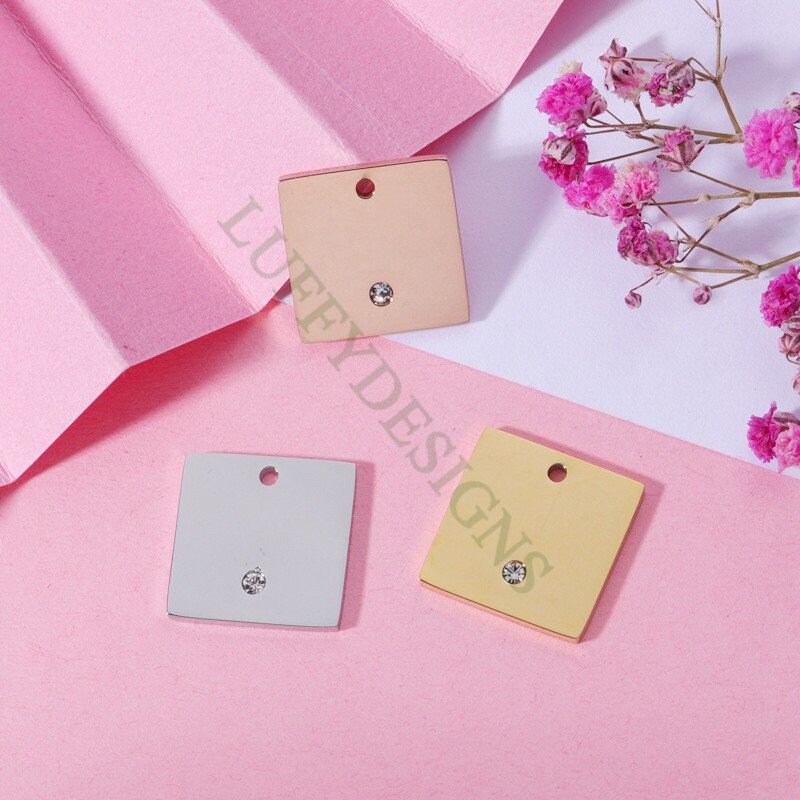 10pcs Round Disc/Square/Heart Tags with Crystal Zirion, CZ Stamping Blanks Charms, Engravable Blanks Pendant, Gold Plated Stainless Steel