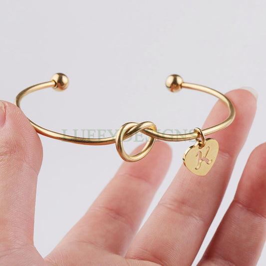 Initial Knot Bangle, Bridesmaid Gift, Personalized Name Bangle, Gold Initial Bangle, Love Knotted Bracelet, Tie the Knot Bangle, Custom Word