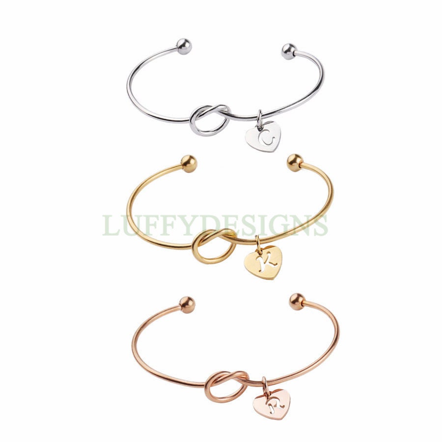 Initial Knot Bangle, Bridesmaid Gift, Personalized Name Bangle, Gold Initial Bangle, Love Knotted Bracelet, Tie the Knot Bangle, Custom Word