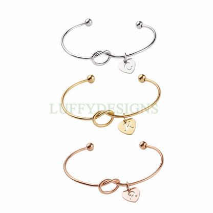 Initial Knot Bangle, Bridesmaid Gift, Personalized Name Bangle, Gold Initial Bangle, Love Knotted Bracelet, Tie the Knot Bangle, Custom Word