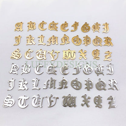 Gothic Letter Charm, Alphabet Charm, Gold Letter Charm, 26 Letters Initial Charms, Gold Plated Stainless Steel, Old English Letter Pendant