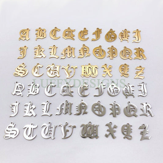 Gothic Letter Charm, Alphabet Charm, Gold Letter Charm, 26 Letters Initial Charms, Gold Plated Stainless Steel, Old English Letter Pendant