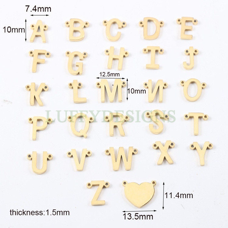 Uppercase Letter Charm, Alphabet Charm, Gold Letter Pendant, 26 Letters Initial Charms, Gold Plated Stainless Steel, Double Loops Letter