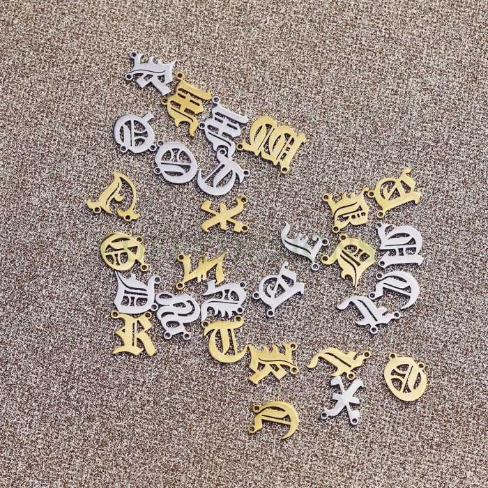 Gothic Letter Charm, Alphabet Charm, Gold Letter Charm, 26 Letters Initial Charms, Gold Plated Stainless Steel, Old English Letter Pendant