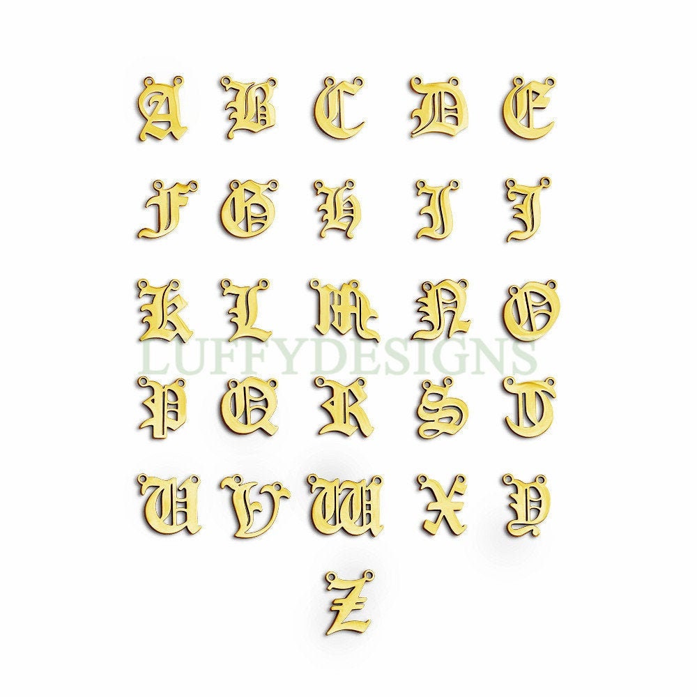 Gothic Letter Charm, Alphabet Charm, Gold Letter Charm, 26 Letters Initial Charms, Gold Plated Stainless Steel, Old English Letter Pendant