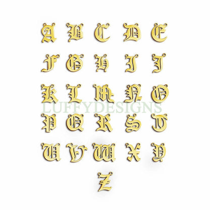 Gothic Letter Charm, Alphabet Charm, Gold Letter Charm, 26 Letters Initial Charms, Gold Plated Stainless Steel, Old English Letter Pendant