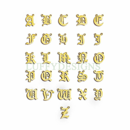 Gothic Letter Charm, Alphabet Charm, Gold Letter Charm, 26 Letters Initial Charms, Gold Plated Stainless Steel, Old English Letter Pendant