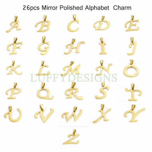 Uppercase Letter Charm, Alphabet Charm, Gold Letter Charm, 26 Letters Initial Charms, 18K Gold Plated Stainless Steel,Mirror Polished Letter