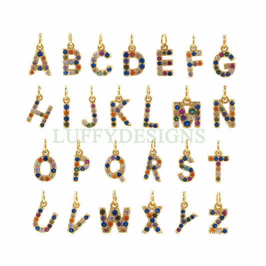 Uppercase Letter Charm, Alphabet Charm, Gold Letter Pendant With Crystal Zircon, 26 Letters CZ Initial Charms, Colorful Initial Pendant