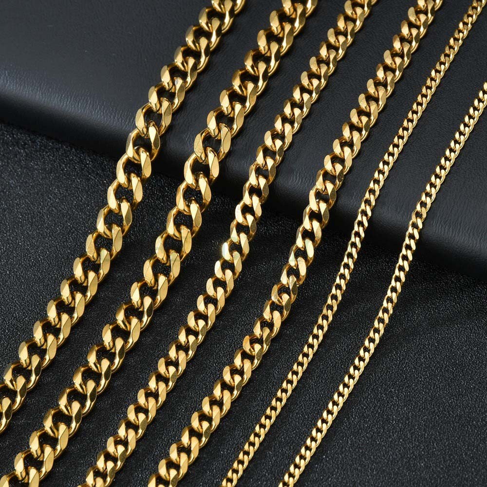 2pcs Gold Cuban Link Chain Necklace, Miami Cuban Curb Links, Cuban Men Necklace, Women Necklaces, Gift for Men, Gold plated Stainless Steel