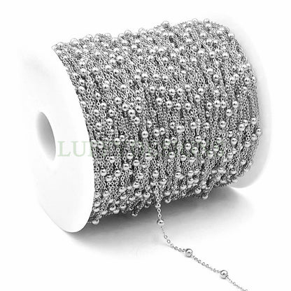 16ft/5m Gold Beads Chain, 1.2mm/1.5mm Silver Chain with Beads, 18k Gold plated Stainless Steel, Spacer Beads Chain, Unfinished Chain