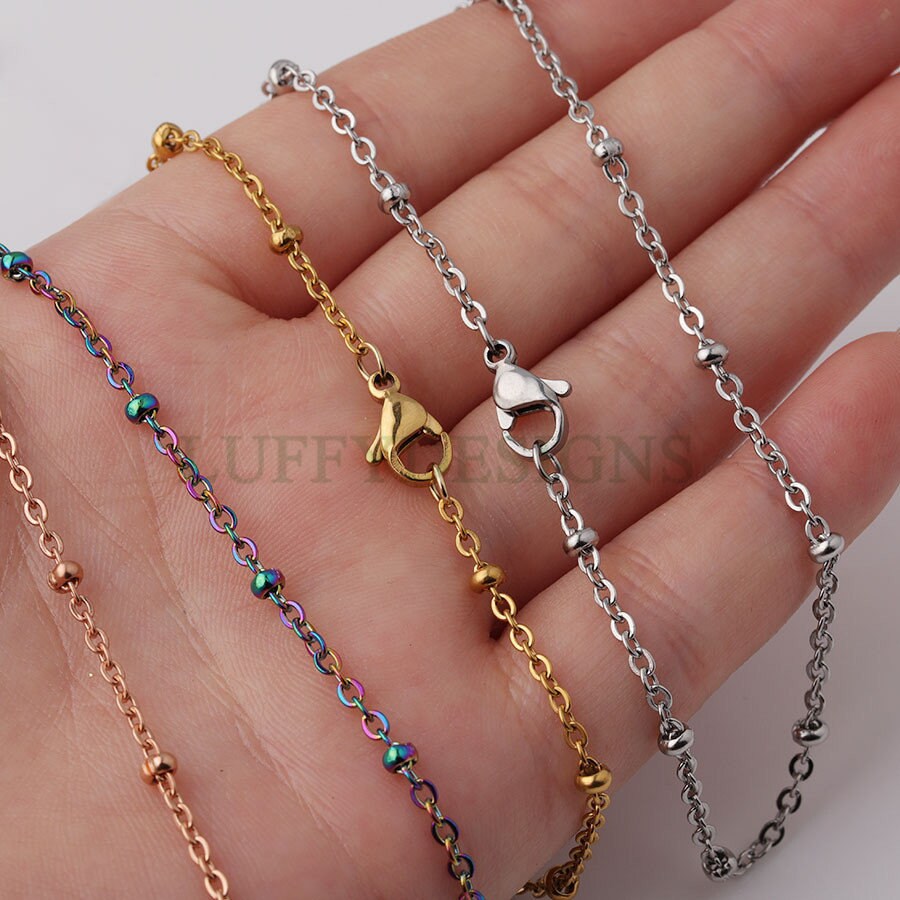 5pcs Finished 316L Stainless Steel Chain, 2.0mm Gold Chain with Beads, Silver Beads Chains, 18k Gold /Rose Gold plated, 16 /18 /20 inches