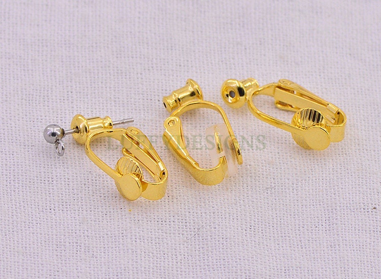 10pcs Non Piercing Earrings, Ear Clip with Attached Ear Nuts, Earwire Converter, Gold /Rhodium /Silver plated Brass, Comfortable Fit