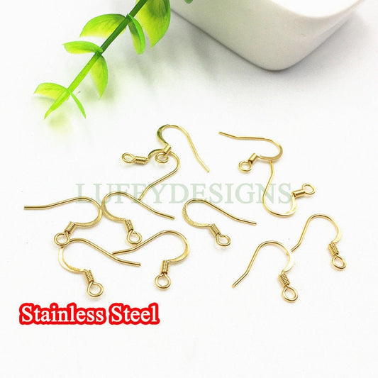 100pcs Gold Ear Wire Hooks, Coil Earring Hooks, Earring Findings, 316L Stainless Steel Hypo Allergenic French Hooks, Fish Hooks