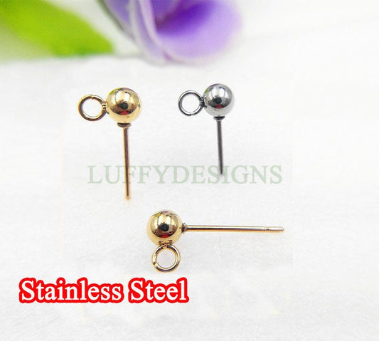 10pcs Ball Post Earring, Ball Stud Earring With Loop, 316L Stainless Steel Post, 18K Gold Plated, Earring Findings, 3mm /4mm /5mm /6mm /8mm