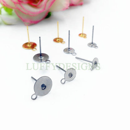 20pcs Earring Post Studs Flat Pad With Loop, 18K Gold Plated 316L Stainless Steel Post, Earring Findings, Stud Supplies, 5mm /6mm /8mm /10mm