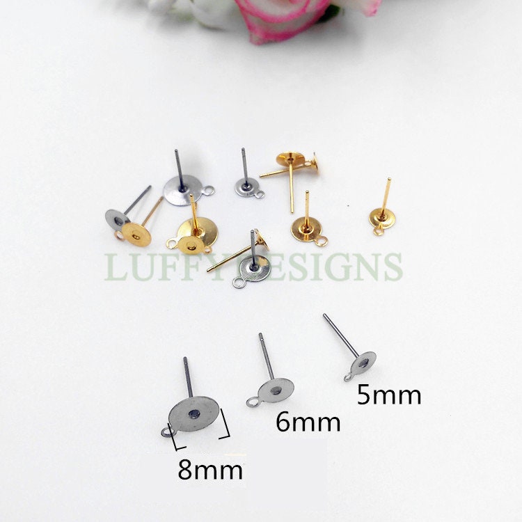 20pcs Earring Post Studs Flat Pad With Loop, 18K Gold Plated 316L Stainless Steel Post, Earring Findings, Stud Supplies, 5mm /6mm /8mm /10mm